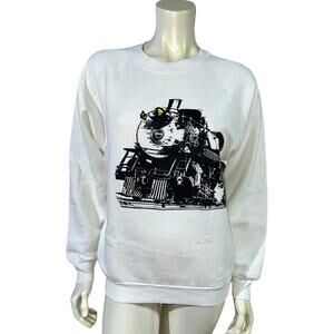 Vintage Train Locomotive Graphic Sweatshirt Railroad Enthusiast White Pullover